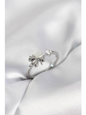 Ayder Timya Gümüş Renk Yonca Model Sedefli Kadın Yüzük - TJ-BYK4102 TG/Tmy230341