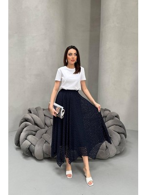 Cemo Kadın Yüksek Bel Dantel Asimetrik Midi Etek
