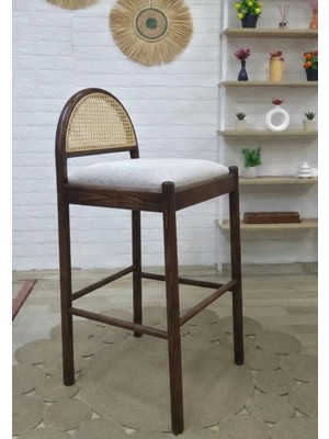 Silla Concept Nova Bar Sandalyesi Teddy Krem Kumaş Hasırlı Ceviz Ahşap Ada Sandalye