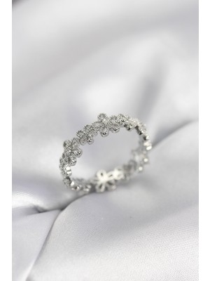 Ayder Timya Gümüş Renk Sıralı Çiçek Model Zirkon Taşlı Kadın Yüzük - TJ-BYK4108 TG/Tmy230347