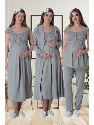 Mecit Pijama Mecit 6066 Gri Sabahlıklı Gecelik Pijama Lohusa Set
