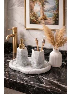Feyza Design Mermer Desenli Beton 4'lü Banyo ve Vazo Aksesuar Seti