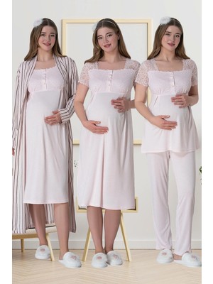 Mecit 6063 Pembe Çizgili Uzun Sabahlıklı Gecelik Pijama Lohusa Set