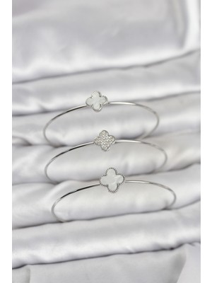 Ayder Timya Gümüş Renk Yonca Model Zirkon Taşlı 3'lü Kadın Bileklik Kombini - TJ-BB8344 TG/Tmy230442