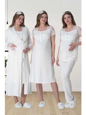 Mecit 6065 Ekru Uzun Sabahlıklı Gecelik Pijama Lohusa Set