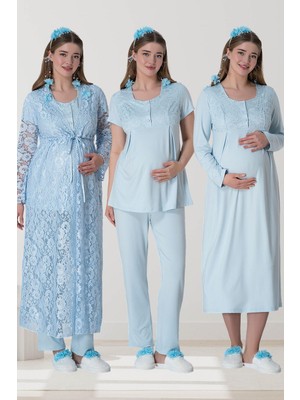 Mecit 6060 Mavi Dantel Sabahlıklı Gecelik Pijama Lohusa Set
