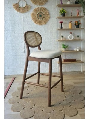 Silla Concept Oslo Bar Sandalyesi Teddy Krem Kumaş Hasırlı Ceviz Ahşap Ada Sandalye