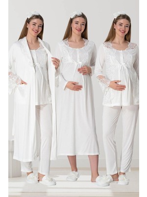 Mecit 5355 Ekru Lohusa Sabahlık Pijama Gecelik Takım