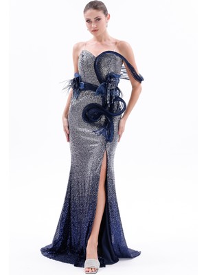 Bdm Exclusive Straplez Aplikeli Pul Payetli Işlemeli Yırtmaçlı Uzun Saten Abiye Elbise