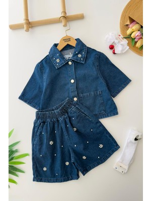 Miniğimin Cicileri Taş Çiçek Detaylı Kot Gömlekli Şortlu Kız Çocuk 2’li Takım - Lacivert