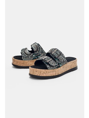 Selin Shoes Triven Çift Ayarlanabilir Toka Detaylı Işlemeli Taşlı Kadın Terlik- Siyah Süet