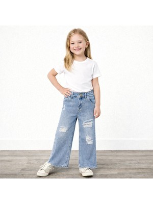 Yiğit Butik Kız Çocuk Açık Mavi Yırtık Detaylı Bol Paça Jean Pantolon