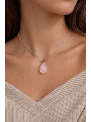 Aurevyn Design Gümüş Renk Çelik Zincir Pembe Kuvars Doğal Taş Damla Uçlu Kadın Kolye