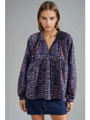 Hiccup Kadın Balon Kollu Desenli Bluz Mor