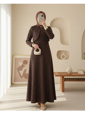 Modamorfo Ceket Detaylı Simli Broşlu Elbise  -Kahve