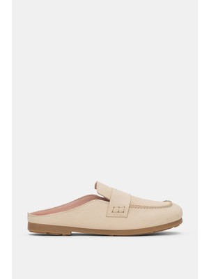 Selin Shoes Boriel Hakiki Deri Düz Taban Kadın Terlik- Bej
