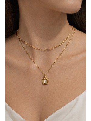 Aurevyn Design Çelik Ikili Zincir Kolye Kare Çerçeveli Taş Detaylı Kadın Kolye