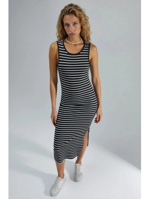 Hiccup Kadınlar Çizgili Bisiklet Yaka Bodycon Midi Elbise Ellie Collection Siyah