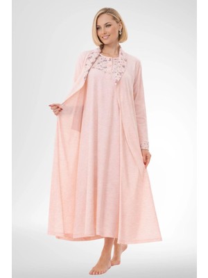Mecit Pijama Mecit 6313 Pudra Kadın Büyük Beden Sabahlıklı Gecelik Takım