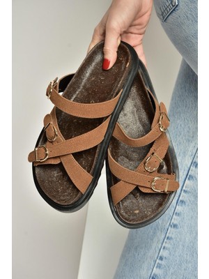 Fox Shoes Y250502502 Taba Süet Tokalı Kadın Terlik