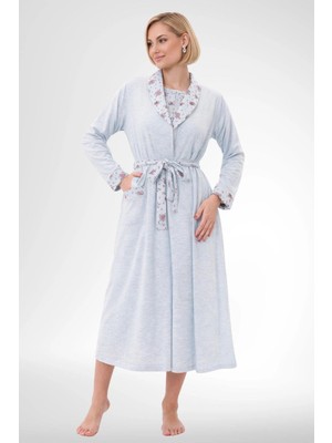 Mecit Pijama Mecit 6313 Mavi Kadın Büyük Beden Sabahlıklı Gecelik Takım