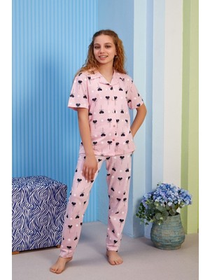 Bunny Hopp Kalp Desenli Yazlık Kız Çocuk Pijama Takımı - Pembe Düğmeli Gömlek Yakalı %100 Pamuklu Takım
