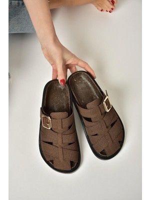 Fox Shoes Y250506002 Kahverengi Süet Önü Kapalı Kadın Terlik