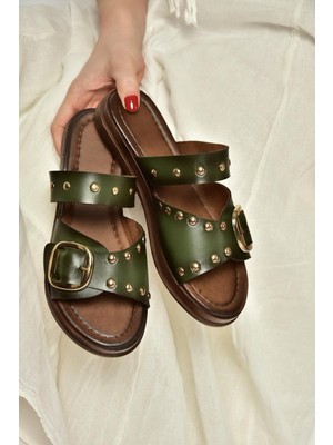 Fox Shoes Y390450703 Yeşil Hakiki Deri Zımba Detaylı Kadın Terlik