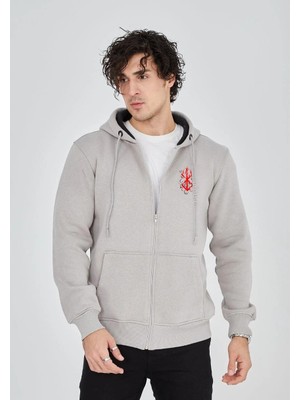 Glam Love Baskılı Tam Fermuarlı Kapşonlu Sweatshirt - Boyalı Gri