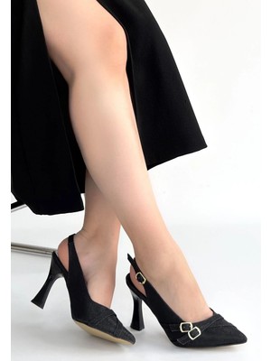 Jedda Siyah Simli Cilt Topuklu Ayakkabı