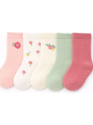 Solde 5’li Bebek/çocuk Pamuklu Günlük Çorap – Düz ve Desenli Karışık Set, Kaymaz Tabanlı, Kaliteli