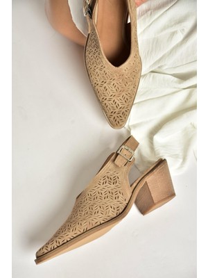 Fox Shoes Y654300402 Bej Hakiki Deri Süet Kalın Topuklu Kadın Ayakkabı