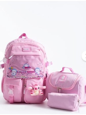 Trg Pembe Roxyy Stiitch Kore Kawaaii Okul Çantası Seti – Sırt Çantası + Beslenme Çantası + Kalemlik