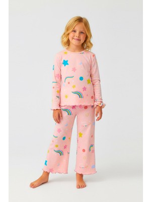 Bunny Hopp Gökkuşağı Desenli %100 Pamuklu Kız Çocuk Pijama Takımı - Toka Aksesuarlı Mevsimlik Takım