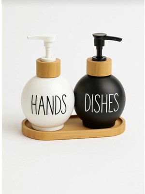 Feyza Design Bambu Detaylı Çiftli Sıvı Sabunluk Seti Siyah Beyaz