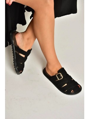 Fox Shoes Y250506002 Siyah Süet Önü Kapalı Kadın Terlik