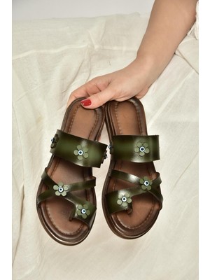 Fox Shoes Y390022603 Yeşil Hakiki Deri Nazar Boncuklu Parmak Detaylı Kadın Terlik