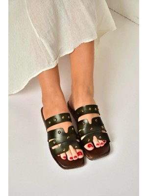 Fox Shoes Y390755203 Yeşil Hakiki Deri Kadın Terlik