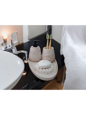 Feyza Design Şık 4'lü Mermer Desenli Beton Banyo Seti, Sıvı Sabunluk ve Diş Fırçalığı