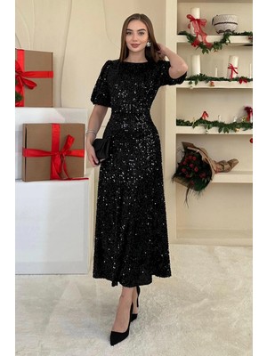 Lacase Siyah Midi Boy Pul Payet Elbise