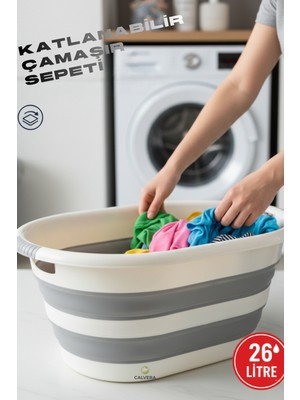 Calvera 26 Litre Katlanabilir Silikon Çamaşır Sepeti - Yer Tasarrufu Sağlayan Akordiyon Sele