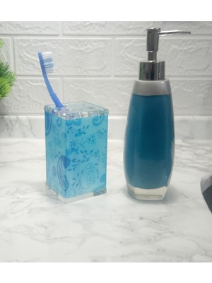 Feyza Design Şık 2'li Sıvı Sabunluk ve Diş Fırçalık Banyo Seti, Gri ve Mavi Çiçekli