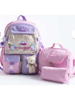 Trg Lila Rooxy Renkli Kore Kawaii Ayıcıklı Okul Çantası Seti –sırt Çantası+Beslenme Çantası+Kalemlik