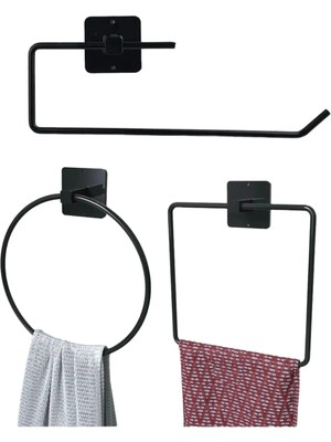 Feyza Design Siyah Metal Yapışkanlı 3'lü Set, Yuvarlak ve Kare Havlulukler