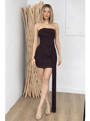 Lacase Kuyruklu Siyah Straplez Mini Abiye Elbise