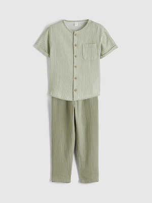 LC Waikiki Lcw Kids Ekru Hakim Yaka Çizgili Erkek Çocuk Gömlek ve Pantolon