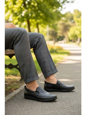 Konfores 2237-ALME Hakiki Deri Üst Kalite Diabetic & Ortopedik Erkek Klasik Baba Ayakkabısı - NKT02237-SIYAH-47