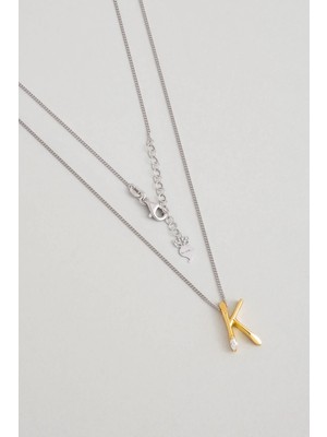 So CHIC Asimetrik K Harfi 18 Ayar Beyaz ve Sarı Altın Kaplama 45 cm Gümüş Harfli Kolye