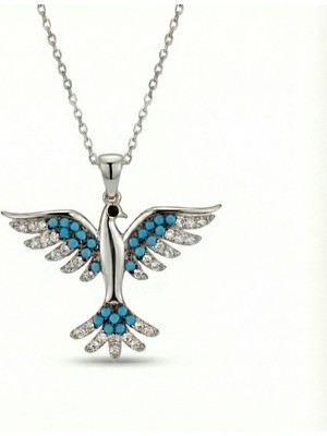 Mavili Gümüş Zümrüdü Anka Kuşu Mavi Taşlı Gümüş Kolye - Gümüş