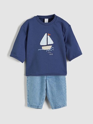 LC Waikiki Lcw Baby Lacivert Baskılı Erkek Bebek Sweatshirt ve Pantolon Takım